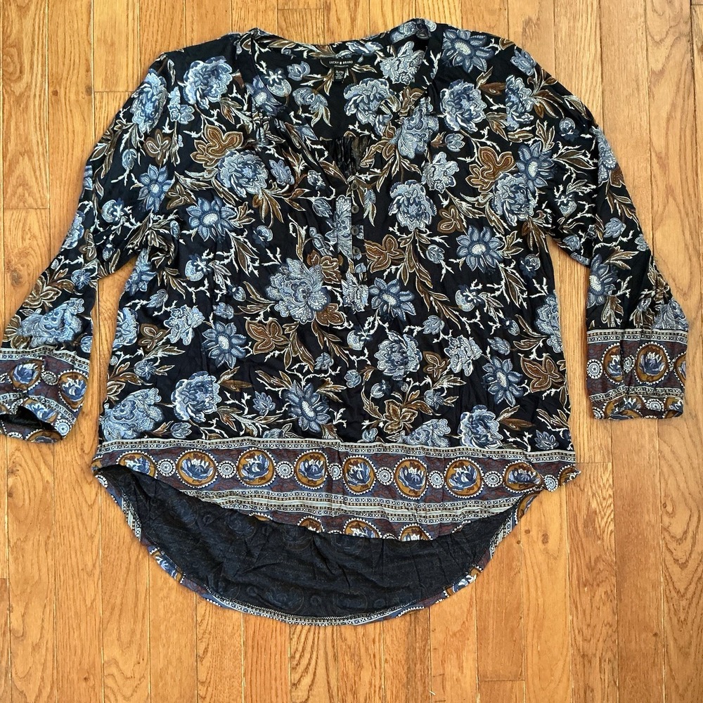 Lucky Brand LA Tunic Blouse Top XL Black Floral Boho 3/4 Sleeves Paisley Peasant